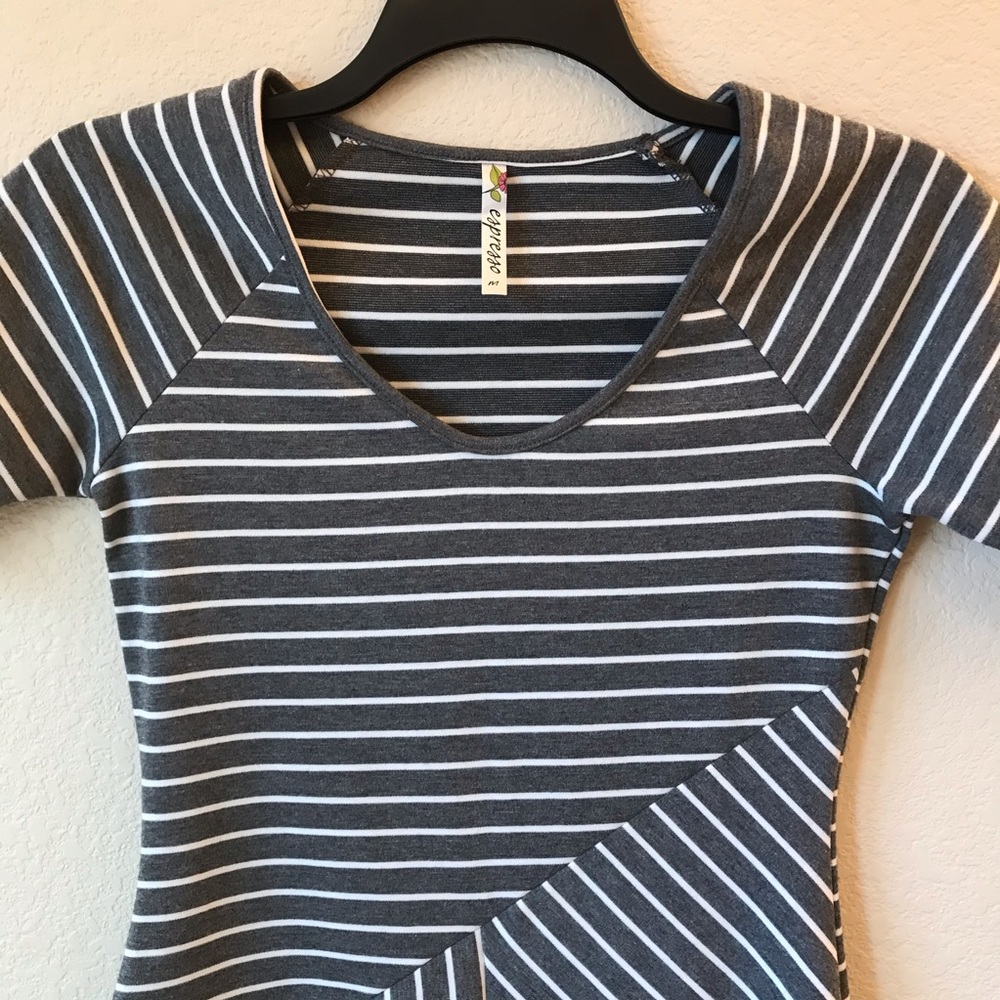 Espresso Grey White Striped Mini Dress Size Medium Short Sleeve Sheath Style - Picture 3 of 8